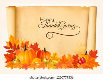 Happy Thanksgiving Background with colorful fruit and vegetables. Vector.