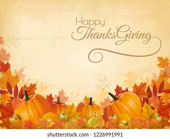 Happy Thanksgiving Background with colorful leaves and autumn vegetables Vector.