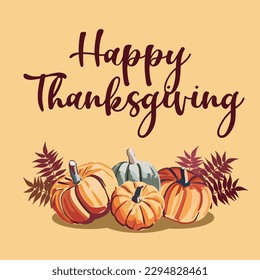 Happy Thanksgiving Background with colorful leaves and autumn vegetables Vector.