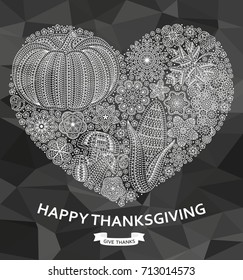 Happy Thanksgiving background with creative vegetables and flowers. Vector illustration