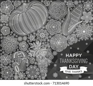 Happy Thanksgiving background with creative vegetables and flowers. Vector illustration