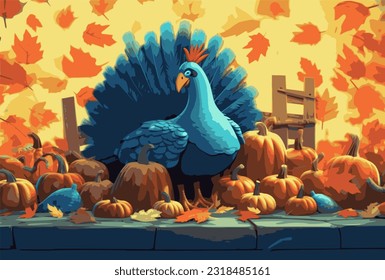 Happy thanksgiving background, dinner and turkey on blue wooden table