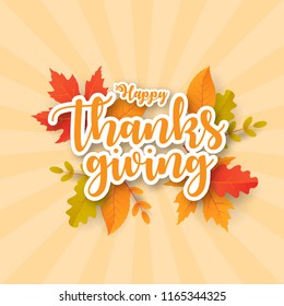 Happy Thanksgiving Background With Leaves. Can Be Used For Poster, Banner, Flyer, Invitation, Website Or Greeting Card. Vector Illustration