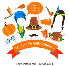 Happy Thanksgiving background with photo booth props. With pumpkin, pilgrim hat, costume, nose moustache, pie and turkey. Can be used for party invitation, card, flyer, poster design template