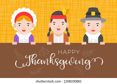 Happy thanksgiving background with pilgrim and native american,flat design for use as wallpaper or greeting card