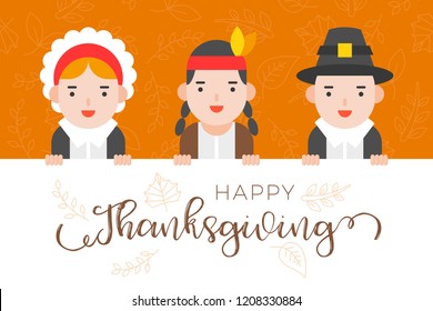 Happy thanksgiving background with pilgrim and native american,flat design for use as wallpaper or greeting card