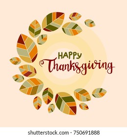 Happy thanksgiving background. Poster with colorful flat leaves and greetings