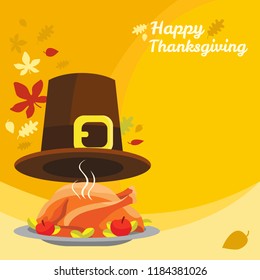 Happy Thanksgiving, background. Roast turkey or chicken with a hat and leaves. Vector illustration.