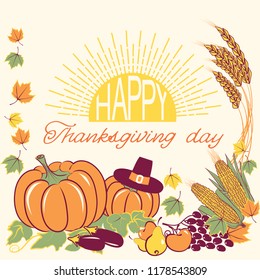 Happy Thanksgiving background with seasonal decoration and text .Vector holiday card