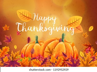 Happy Thanksgiving background with stylized autumn leaves of different trees, rosehip branches and rowan berries. Vector eps10 illustration.