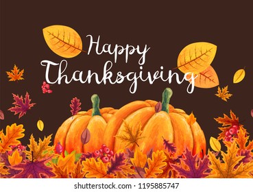 Happy Thanksgiving background with stylized autumn leaves of different trees, rosehip branches and rowan berries. Vector eps10 illustration.