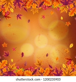 Happy Thanksgiving background with stylized autumn leaves of different trees, rosehip branches and rowan berries. Vector eps10 illustration.