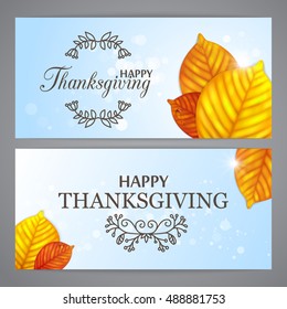 Happy Thanksgiving background templates. Orange leaves on sky backdrop