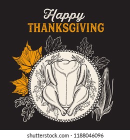 Happy thanksgiving background with turkey on a chalkboard vector illustration poster for holiday celebration. Design banner with vintage lettering and hand-drawn graphic elements.