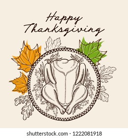 Happy thanksgiving background with turkey vector illustration poster for holiday celebration. Design card with vintage lettering and hand-drawn graphic elements.