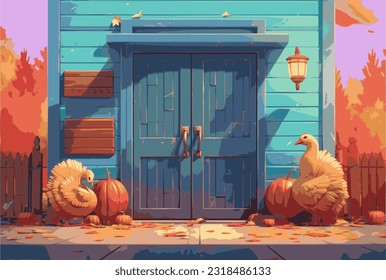 Happy thanksgiving background, turkeys on blue wooden frame