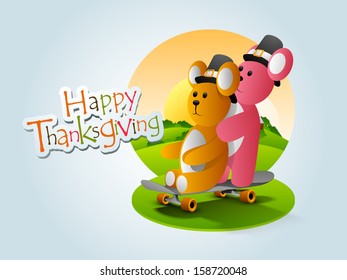 Happy Thanksgiving background with two teddy bears wearing hat on nature background.