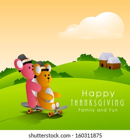 Happy Thanksgiving background with two teddy bears wearing hat on nature background. 