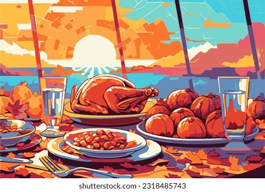 Happy thanksgiving background vector illustration, thanksgiving dinner at sunset in the style of orange and aquamarine