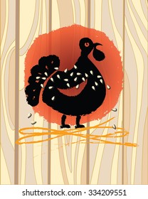 Happy Thanksgiving Background, vector illustration. Black Turkey silhouette on wooden desk, ketchup blotch, mustard splashes, sesame seeds. Creative Thanksgiving card template. Vertical. Eps 10.