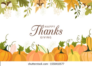 Happy Thanksgiving background with vegetables and colorful leaves. 