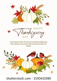 Happy Thanksgiving background with vegetables and colorful leaves. 