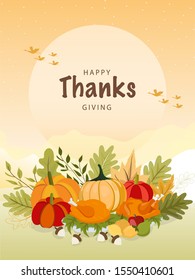 Happy Thanksgiving background with vegetables and colorful leaves. 