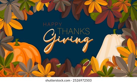 Happy Thanksgiving background with wild chestnuts, pumpkins and falling leaves, vector illustration.