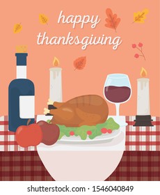 happy thanksgiving baked turkey apples wine candles tablecloth celebration vector illustration