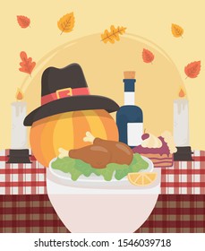 happy thanksgiving baked turkey pumpkin hat wine cake and candle tablecloth fall leaves celebration