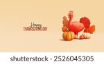 Happy Thanksgiving Banner. 3D orange character of domestic turkey bird. Modern banner for the concepts of celebrating the American family holiday, and traditions. Vector illustration.