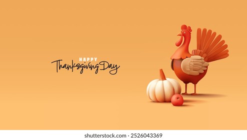 Happy Thanksgiving Banner. 3D orange character of domestic turkey bird. Modern banner for the concepts of celebrating the American family holiday, and traditions. Vector illustration.