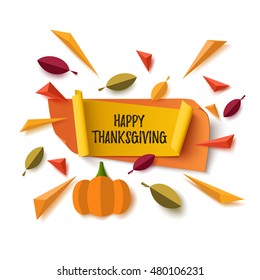 Happy Thanksgiving banner with abstract pumpkin, leafs and colorful particles isolated on white background. Vector illustration.