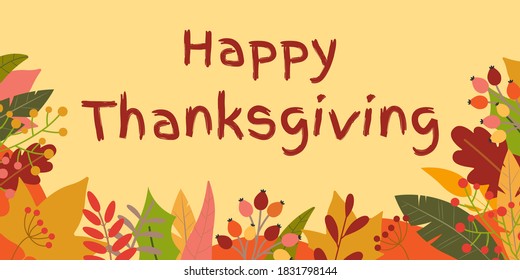 Happy Thanksgiving banner with Autumn or Fall leaves with hand drawn text. Greeting card background template. Vector illustration.