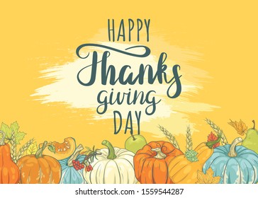 Happy Thanksgiving Banner. Background with pumpkins, autumn leaves, etc.