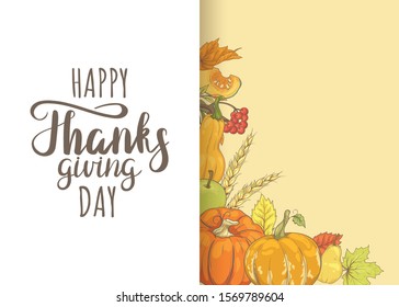 Happy Thanksgiving Banner. Background with pumpkins, autumn leaves, etc.

