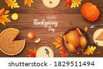 Happy Thanksgiving banner with baked turkey, autumn leaves, pumpkin pie, apples and plates on the wooden background. Vector illustration for postcard, banner, card, poster, background.
