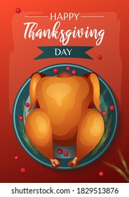 Happy Thanksgiving banner with baked turkey on tha dish and berries on the red background. A4 vector illustration for flyer, invitation, banner, card, poster, postcard.