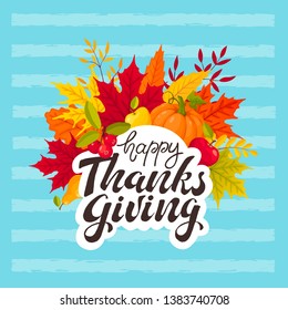 Happy Thanksgiving banner with bright colorful pumkin, apples and leaves. Autumn foliage vector illustration. Thanksgiving poster design.