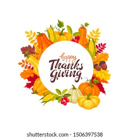 Happy Thanksgiving banner with bright colorful pumkin, apples and leaves. Autumn vegetables vector illustration. Thanksgiving poster design.