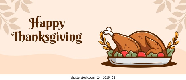 Happy thanksgiving banner with cartoon turkey, pumpkin. vector illustration