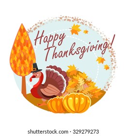 Happy thanksgiving banner with cartoon turkey in pilgrim hat standing in front of autumn forest. Vector illustration