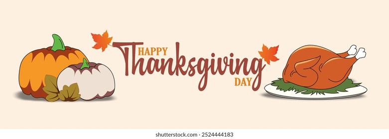 Happy Thanksgiving Banner. Happy Thanksgiving Day Banner Vector. Cartoon Vector Illustration for Poster, Banner