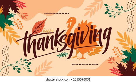 happy thanksgiving banner design with typography, turkey bird and abstract leaves with warm colors background. Vector Illustration