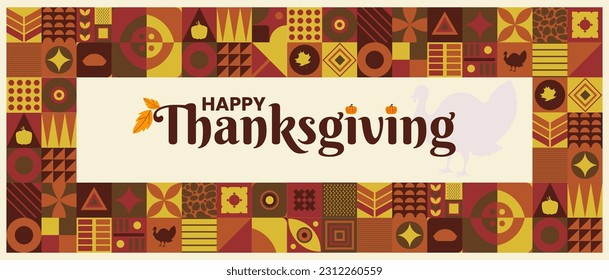 Happy thanksgiving banner design with typography, turkey bird and abstract leaves with warm colors background. Vector Illustration