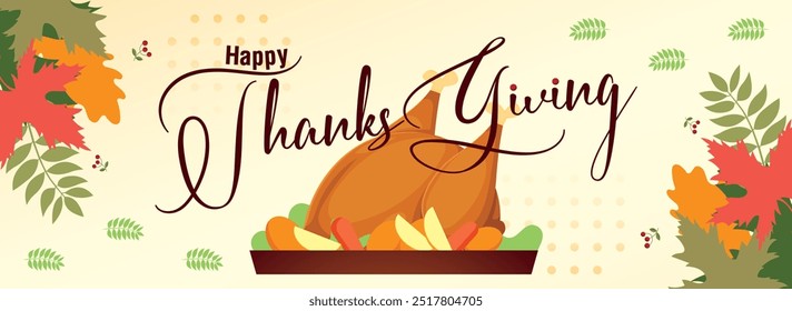 Happy Thanksgiving Banner Design mit Typografie, Truthahn Vogel, abstrakte Blätter Hintergrund, Thanksgiving Truthahn, Herbstblätter, Erntefest