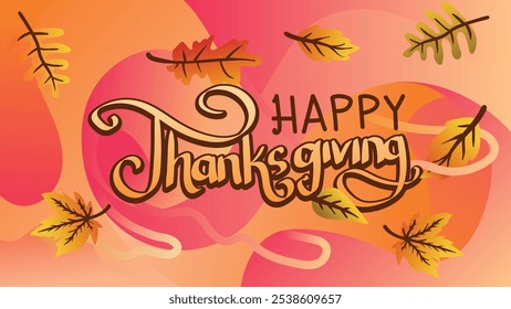 Happy Thanksgiving Banner with Fluid Orange Background and Falling Leaves . web page size template vector illustration