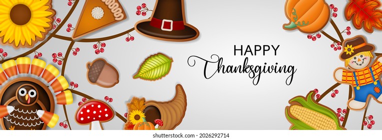 happy thanksgiving banner with gingerbread cookies