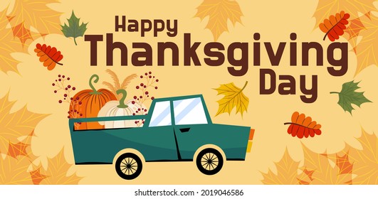 Alles Gute zum Thanksgiving-Banner oder Grußkarte für den Herbsturlaub. Ein Auto mit Kürbissen, Schriftzeichen, Blättern und Ahorn im flachen Stil. Vektorgrafik