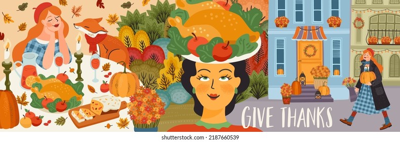 Happy Thanksgiving banner. Hand drawn graphic arts and textures. Vector design template.